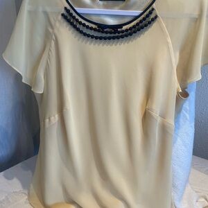 Jacques Vert Satin Lined Chiffon Beaded Top Light Yellow/Black (Size 18)